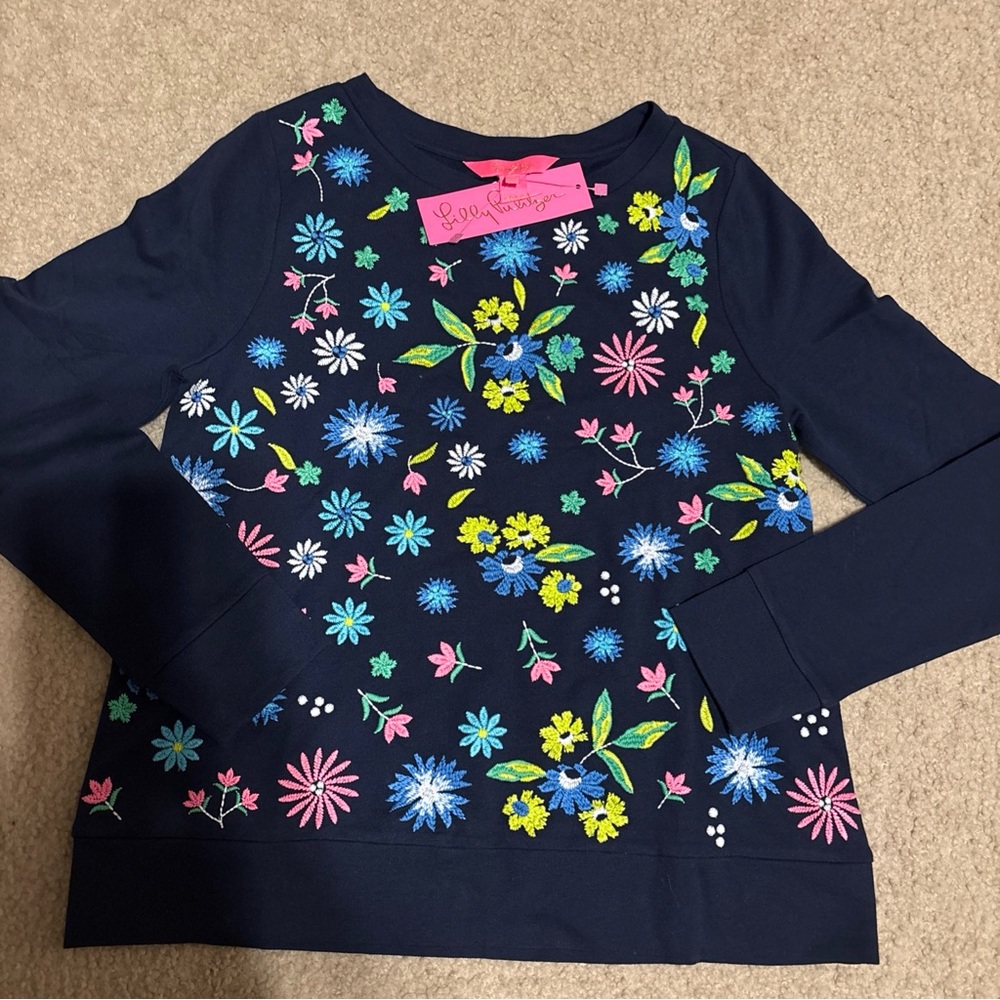 Lilly Pulitzer Rami Navy Floral Embroidered Sweater Sweatshirt Top Size Small